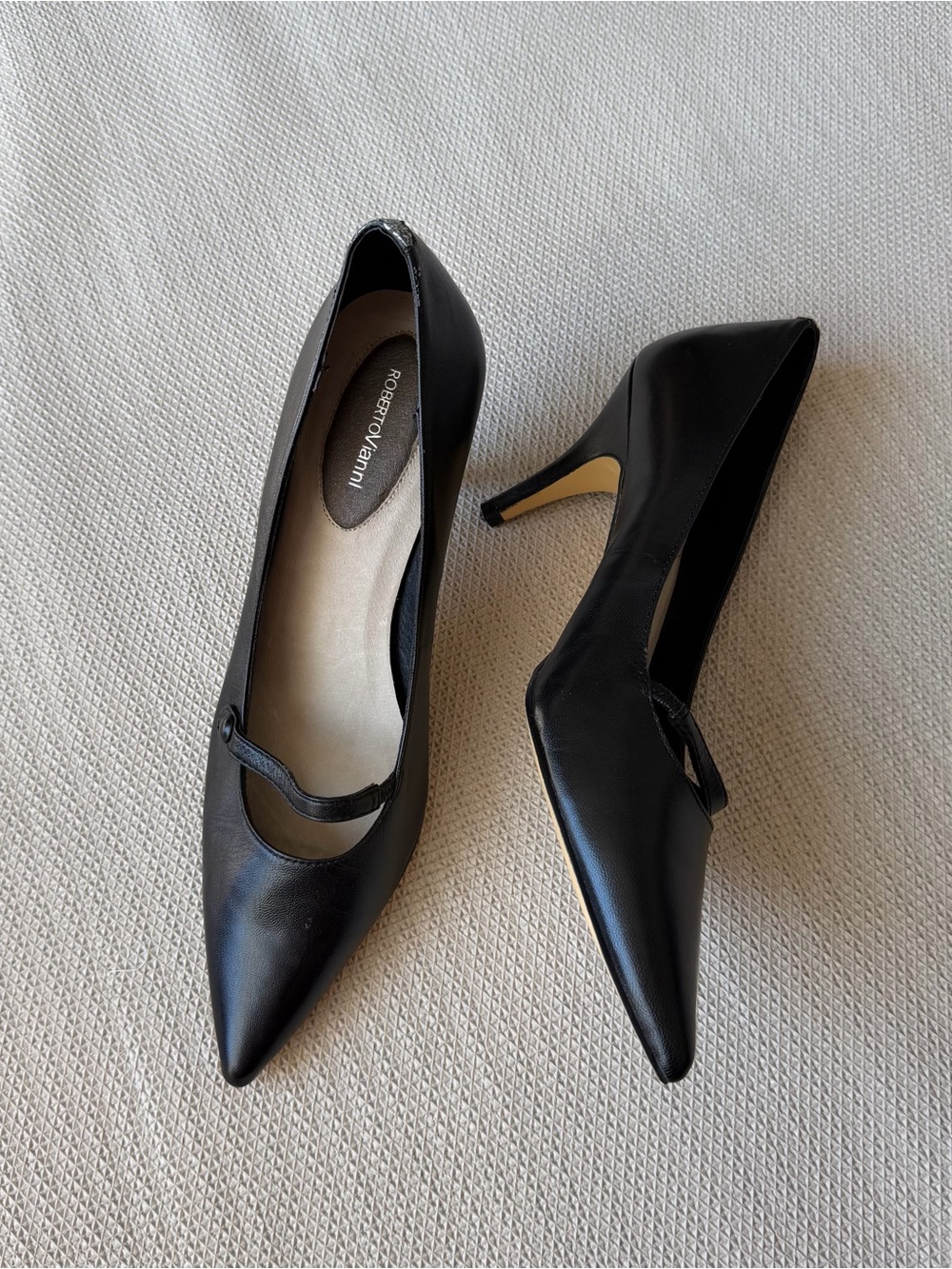 Roberto Vianni Black Pointed Mary Jane Kitten Heel with Strap Detail